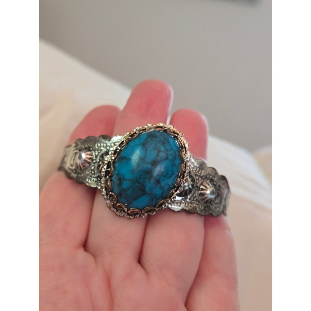 Silvertone Faux Turquoise Cuff Bracelet Vintage